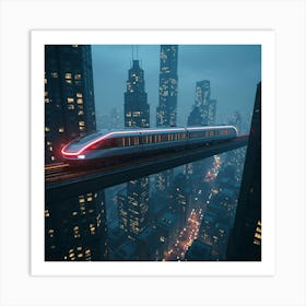 High Tech Magnetic Train Hovering Over A Futuristic Metropolis At Night 1 Art Print