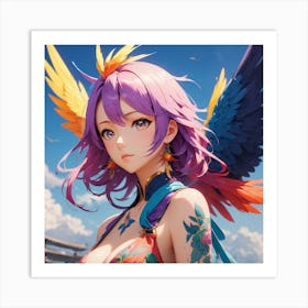 Anime Girl With Colorful Feathers Art Print