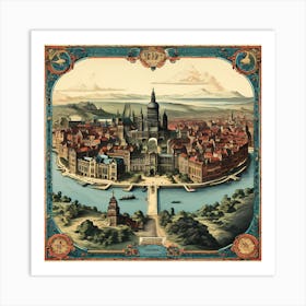 A Vintage Map, Of A Historic City With Ornate Borders And Labels art print 2 Art Print