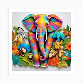 Colorful Elephant And Zoo Animals 1 Art Print