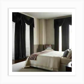 A Serene Main Bedroom Suite With Floor To Ceiling, Rich Black Curtains Adorned With Subtle, Intricate Patterning, Beautifully Draped In A Flowing, Smooth Fold, Blending Seamlessly Art Print