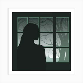 Silhouette Of A Woman Looking Out A Window Art Print