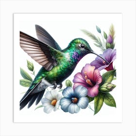 Nectar Sipper: A Realistic Watercolor Painting of a Hummingbird with Vibrant Colors and Textures Art Print