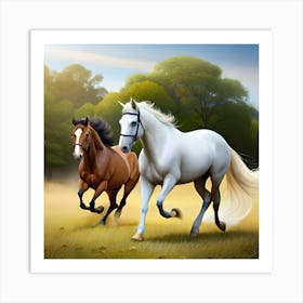 Two Horses Running In A Field Art Print