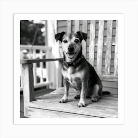 Black And White Dog Sitting On Porch 1 Affiche