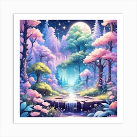 A Fantasy Forest With Twinkling Stars In Pastel Tone Square Composition 417 Art Print