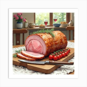 Watercolor Image Of A Tender And Juicy Roast Pork Loin On A Cozy Dining Table Art Print