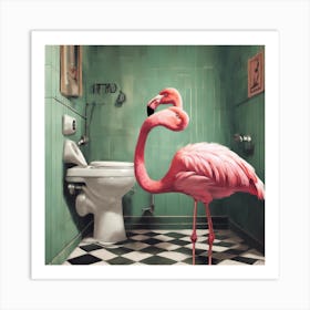 Flamingo In Bathroom 3 Art Print