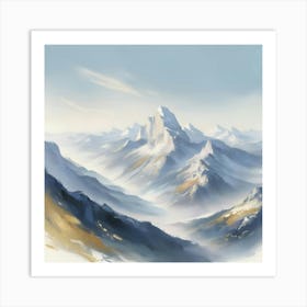 A Sweeping, Dreamy Impressionist Style Illustration Of A Majestic Mountain Range, With Gentle, Feathery Brushstrokes And Vivid, Expressive Colors, Set Against A Soft, Gradient Blue Sky With A Few Wispy Clouds, Featuring A Broad Aspect (2) Art Print