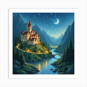 Elven City With Twinkling Lights, Watercolor 1 Art Print