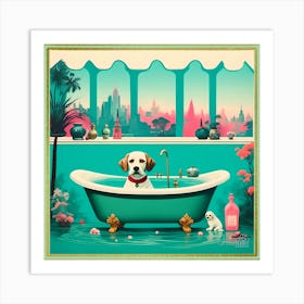 Dog In Bath Retro Futuristic Art Print