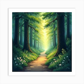 Glowing Forest Path Leading To A Hidden Glade, Watercolor 1 Art Print