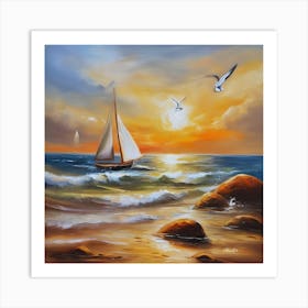 Oil painting design on canvas. Sandy beach rocks. Waves. Sailboat. Seagulls. The sun before sunset.13 Art Print