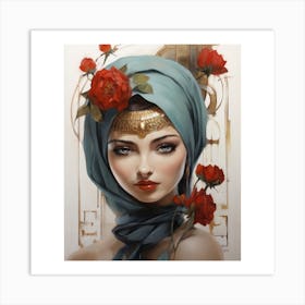 Beauty 2. Fashion 3. Accessories 4. Hijab 5. Crown 6. Necklace 7. Flowers 8. Jewelry 9. Elegance 10. Artistic. .beautiful woman with a golden crown on her head, wearing a blue headscarf and a red rose in her hair. She has a golden necklace around her neck and is surrounded by more red roses. Art Print