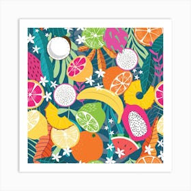 Tropical Fruits Pattern On Deep Green Square Art Print