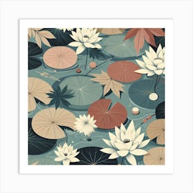 Scandinavian style, Surface of water with water lilies and maple leaves 1 Art Print