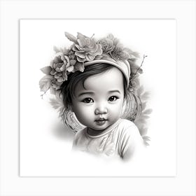 Little Girl With Flowers drawing Art Print