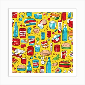 Doodle Seamless Pattern Of Fast Food Items Art Print