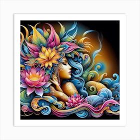 Woman With Lotus Flowers Art Print