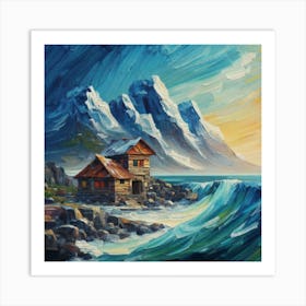 Acrylic and impasto pattern, mountain village, sea waves, log cabin, high definition, detailed geometric Art Print