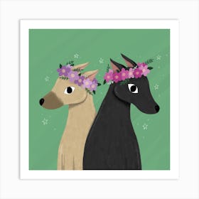 Two Sighthound Whippet Greyhound Dogs With Flower Crowns Art Print