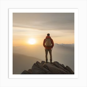 Man Standing On Top Of Mountain At Sunset 1 Art Print