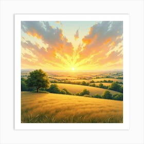 French Countryside Sunset In Watercolor With Golden Skies And Tranquil Fields 1 Art Print