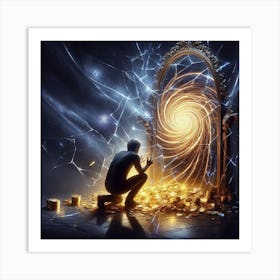 Man Kneeling In Front Of A Mirror Art Print