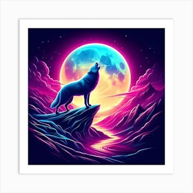 Neon Howling Wolf under moon Art Print