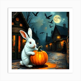 White Rabbit With Pumpkin At Night In Village - Diverse Art Illustration 25 Art Print