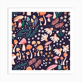 Mushrooms And Flower Pattern On Purple Square Art Print