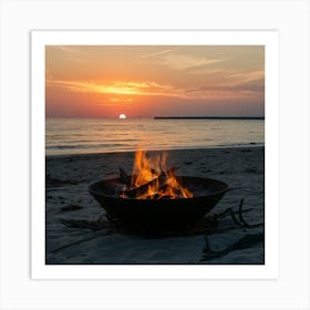 Campfire at the beach with a serene sunset Art Print