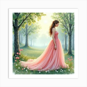 Romantic Gown Watercolor, With A Misty Morning Forest View 1 Art Print