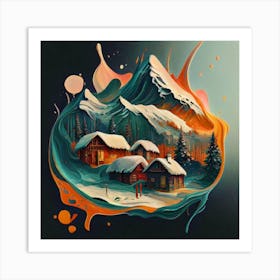 Abstract painting of a mountain village with snow falling 10 Art Print