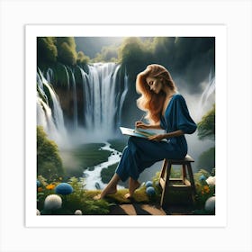 Girl Reading A Book By A Waterfall Art Print