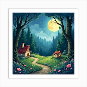 Fairy Village In A Moonlit Forest, Watercolor 1 Art Print