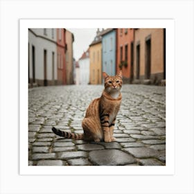 A Cat Walks On Its Hind Legs Down A Cobblestone Street Lined With Buildings 1 Art Print