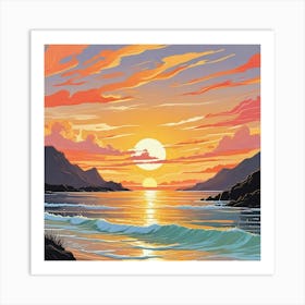 A Painting Of A Sunset With Seagulls Flying Above The Ocean (4) Art Print