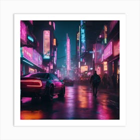 Cyberpunk Street Scene" - A cyberpunk-inspired street scene filled with neon lights, futuristic vehicles, and cyber-enhanced characters Art Print