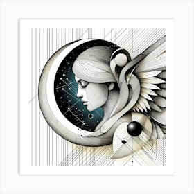 Angel and Moon - Abstract Line Art Illustration 48 Art Print