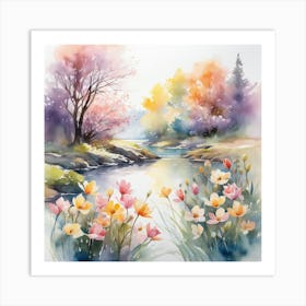 Watercolor Flowers By The River Art Print