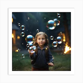 Little Girl Playing With Soap Bubbles Art Print