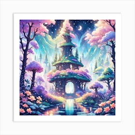 A Fantasy Forest With Twinkling Stars In Pastel Tone Square Composition 449 Art Print