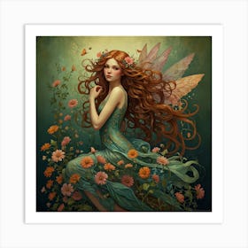 Whimsical Art Nouveau Fairy With Flowing Hair Art Print