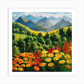 Mountain Landscape With Flowers Art Print