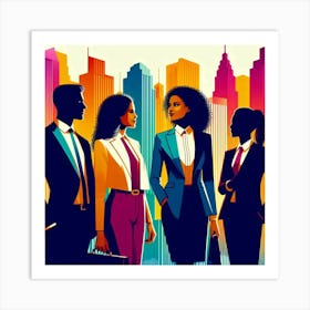 A group of four diverse business professionals, including two women and two men, dressed in colorful suits, standing in front of a vibrant cityscape with skyscrapers in the background, symbolizing their success, ambition, and determination in the fast-paced world of business, ready to take on any challenge that comes their way. Art Print