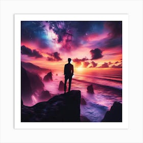 Man Standing On Cliff At Sunset Art Print