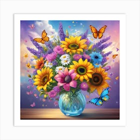 Sunflowers In A Vase With Butterflies Art Print