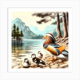 Duck Family at Mountain Lake Color Painting - Wild Bird Artwork 110 Art Print