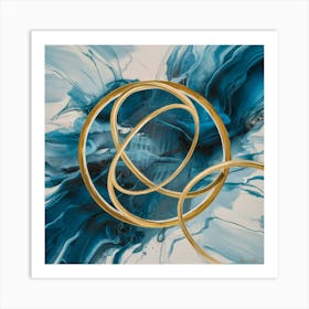 Golden Harmony Abstract Intertwining Circles On Blue (2) Art Print